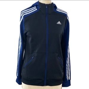Adidas black and royal blue Climalite training jacket with hood. Girl’s Large.